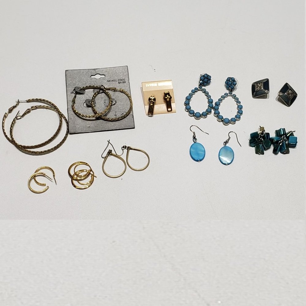 Lot of 10 Pairs of Earrings Gold Tone Hoops Blue